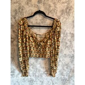 Urban Outfitters‎ Tie Front Top Smocked Long Sleeve Crop Blouse Bohemian L